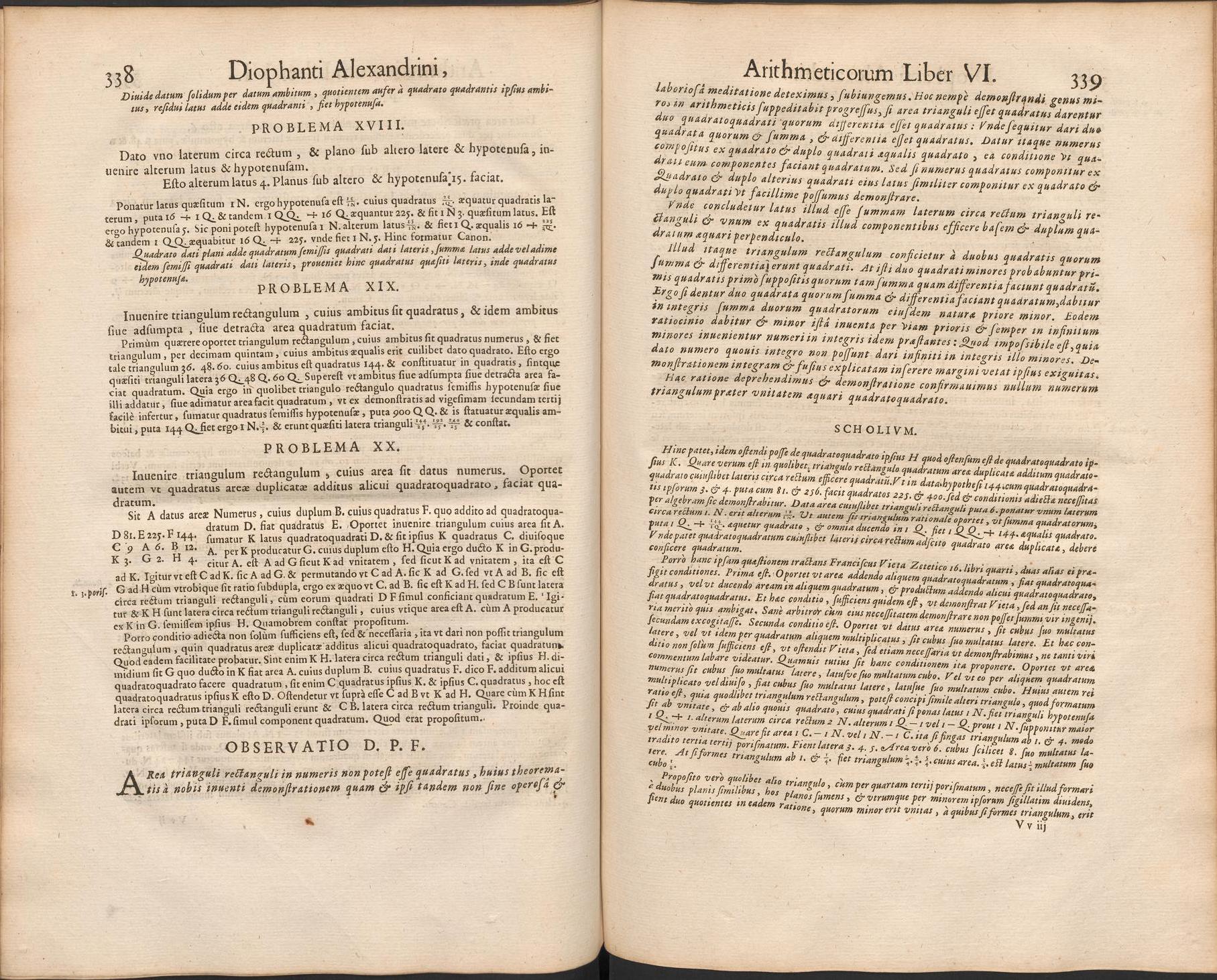 Due pagine dell'Arithmetica di Diofanto stampata nel 1670, con le osservazioni di Pierre de Fermat inserite nel testo.